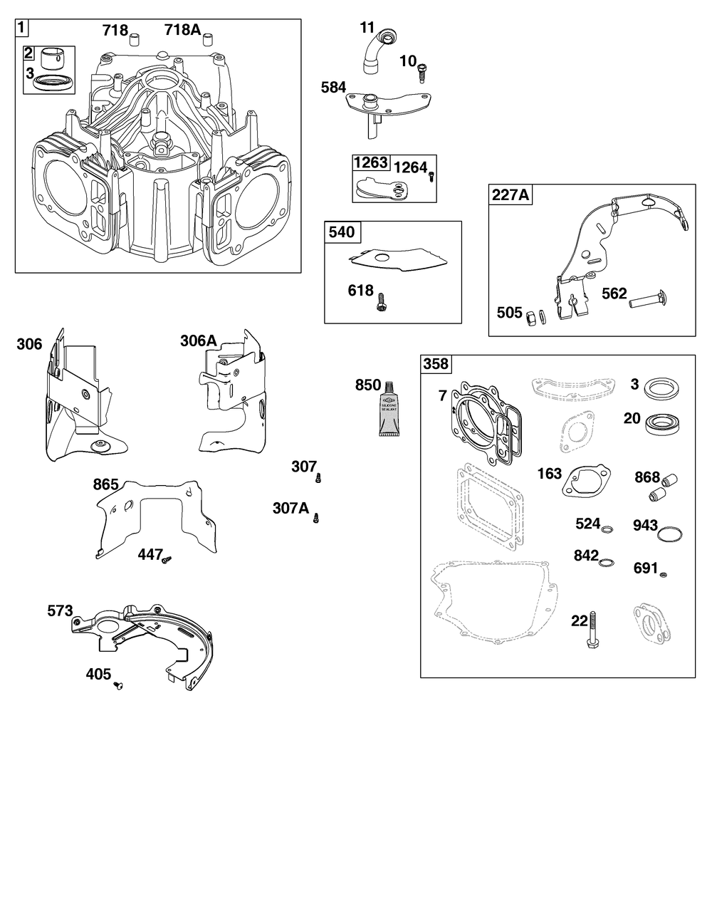 Cylinder Group Diagram and Parts List for 44U577-0002-H5 400000 - 699999 Briggs and Stratton Engine